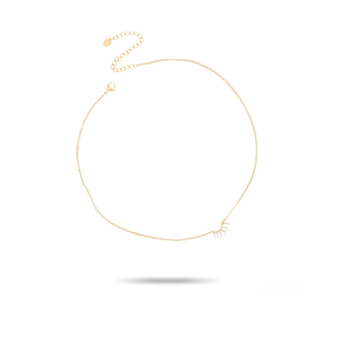 Collier fantaisie feuille strass blanc en acier inoxydable doré