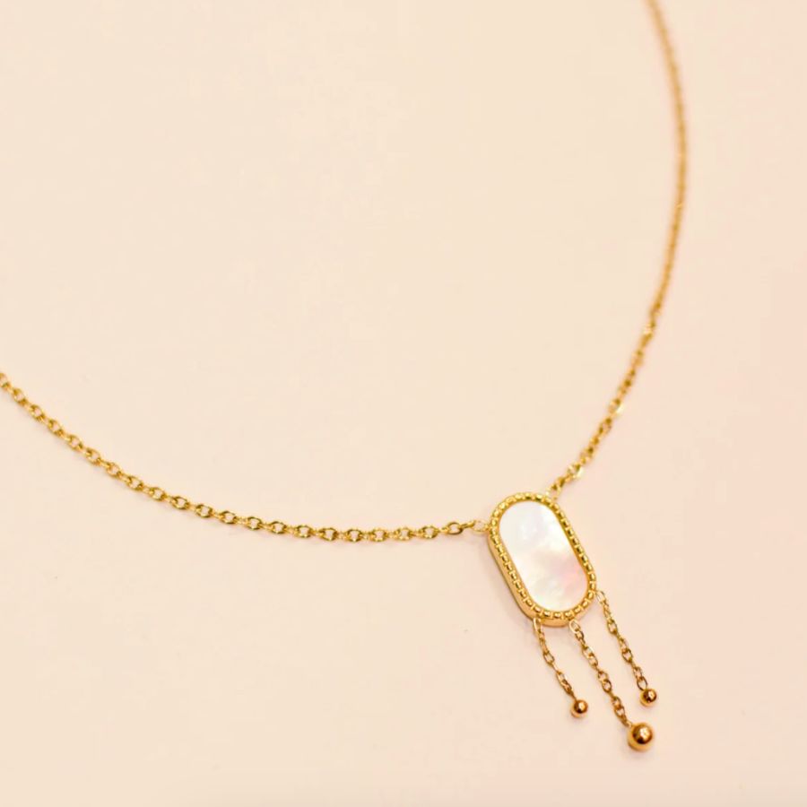 Collier pendentif en nacre blanche en acier inoxydable doré