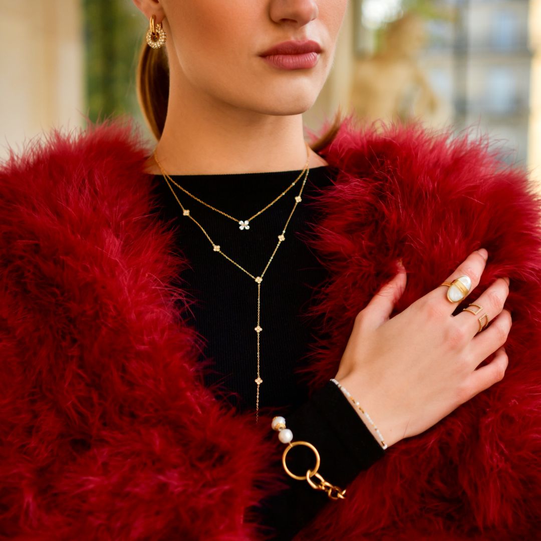 Collier pendentif trèfle strass acier inoxydable doré
