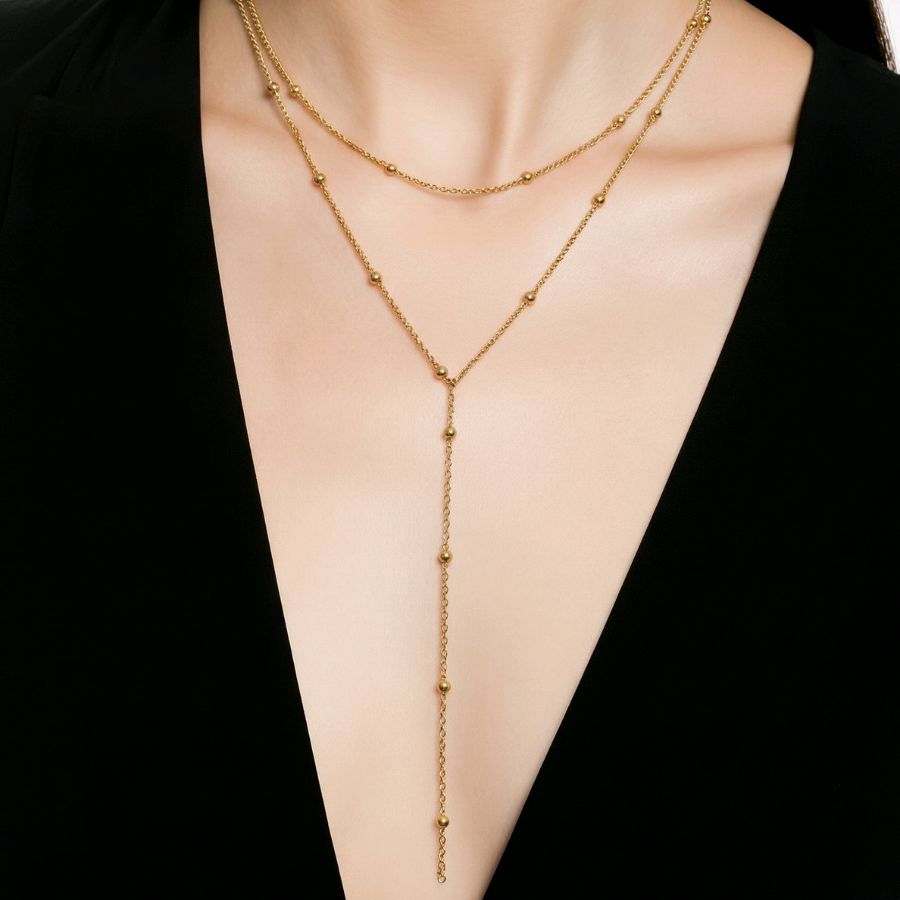 Collier en Y double rang avec perles en acier inoxydable | Giorgia