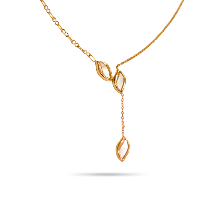 Collier en Y original gouttes d'eau nacre blanche acier inoxydable doré - Jade