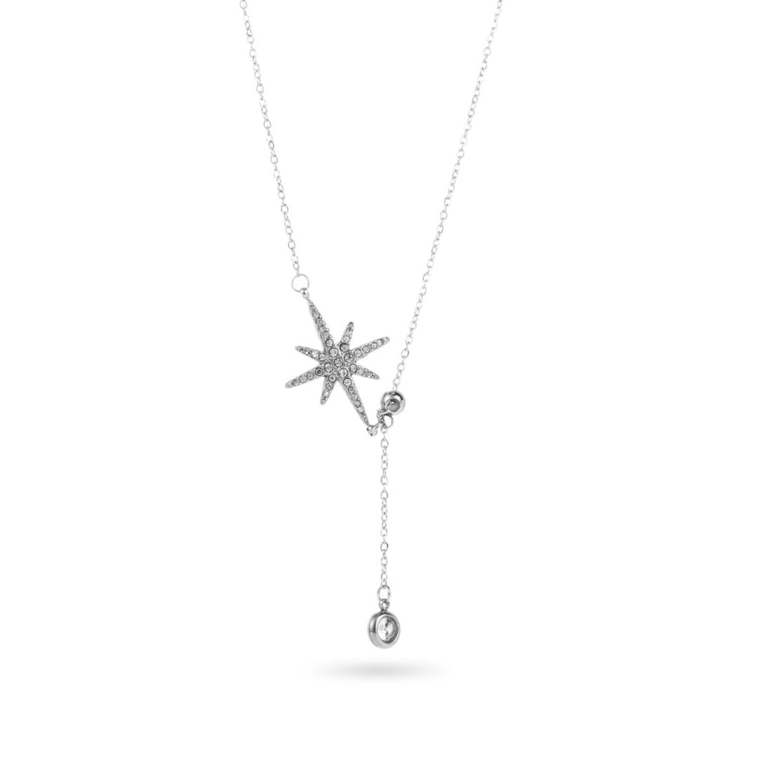 Collier en acier inoxydable avec étoile serti de strass et perle coulissante le long de la chaine pour l'ajuster à la longueur souhaitée