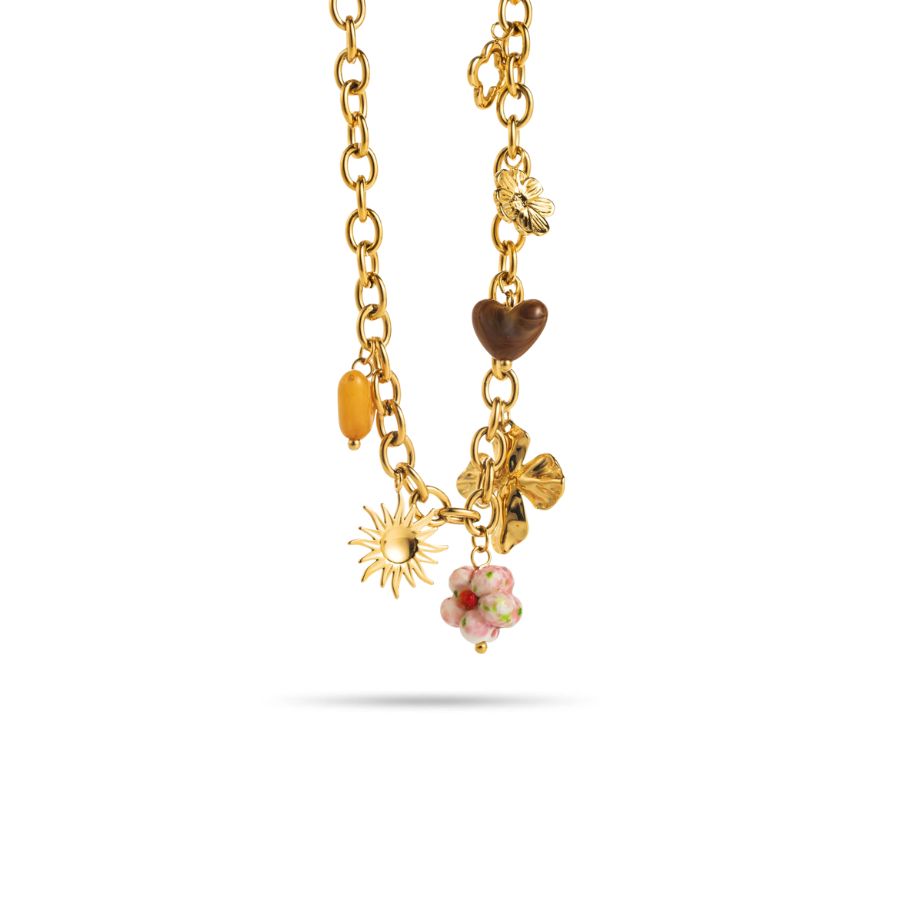 Collier fantaisie breloques coeur et fleurs en acier inoxydable doré | Cléo