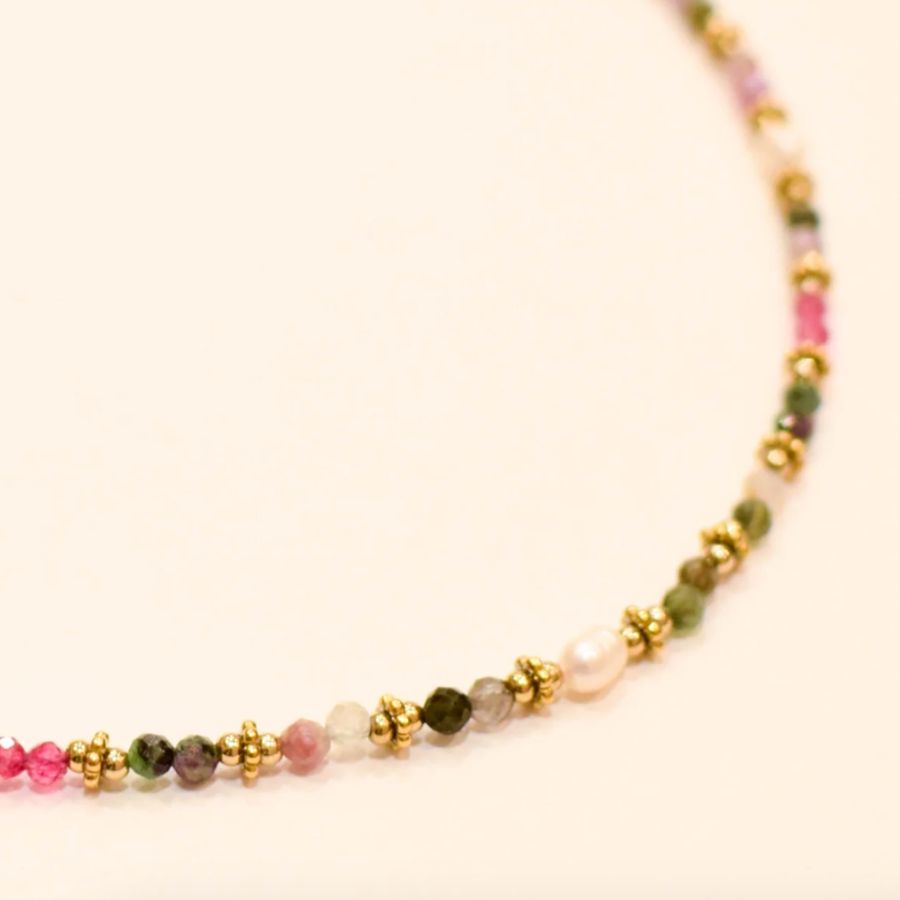 Collier fantaisie en pierres naturelles de tourmaline et perles d&#39;eau douce