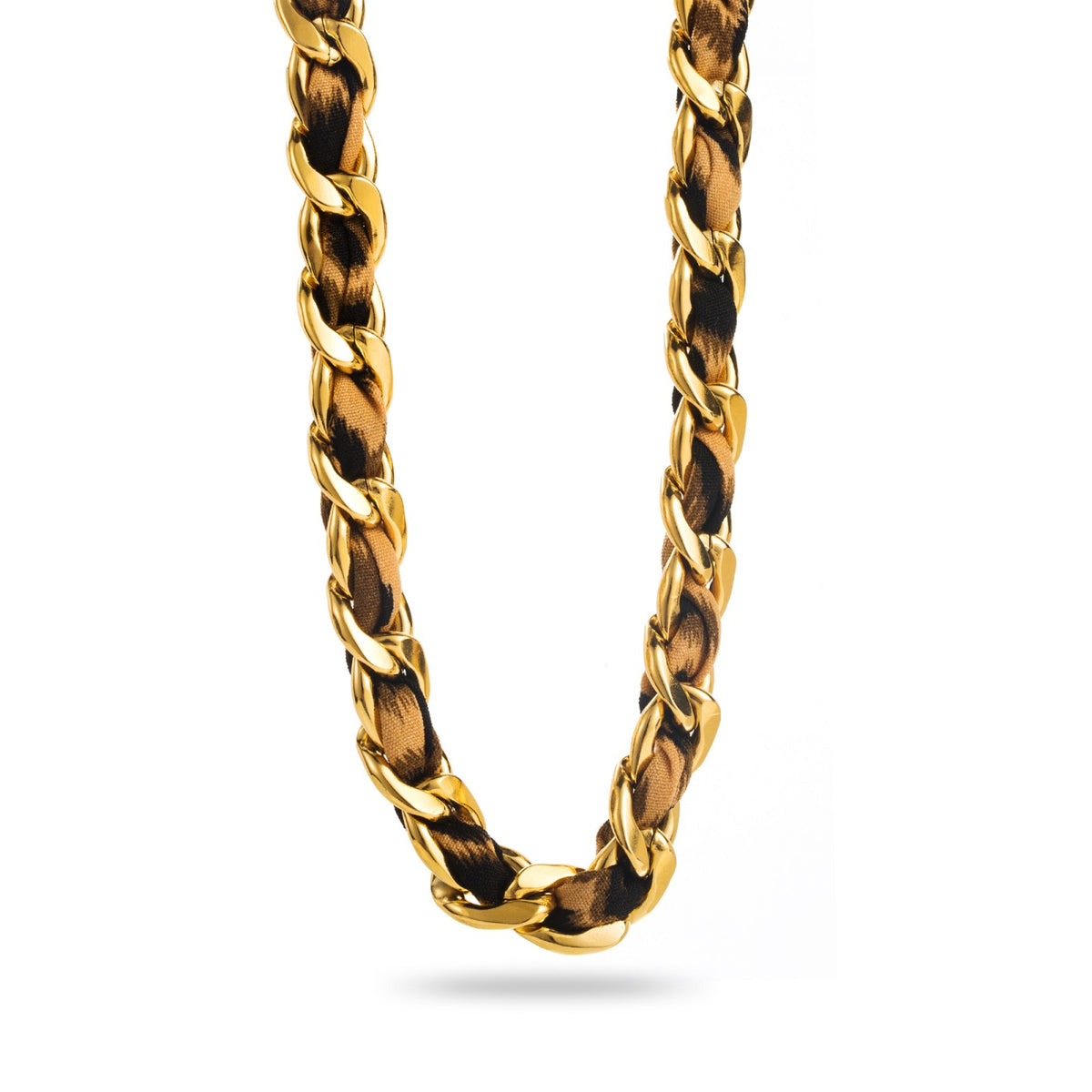 Collier de 45 cm en acier inoxydable doré avec mailles dorées et tissu motif léopard entrelacé dans les mailles