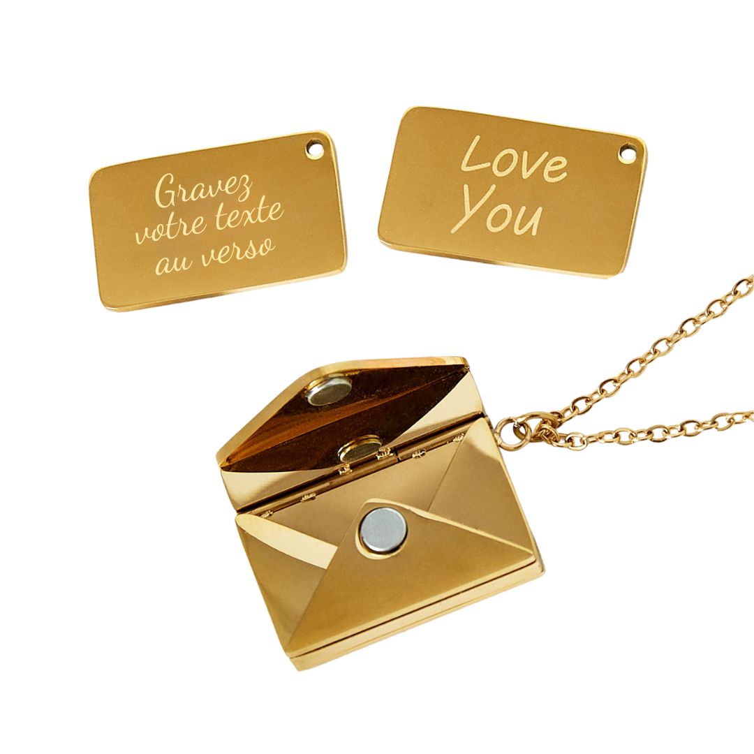 Collier personnalisé avec pendentif en forme d'enveloppe en acier inoxydable doré