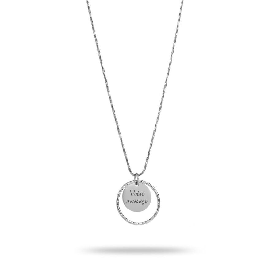 Collier personnalisé médaille gravée en acier inoxydable argenté sur chaîne ras de cou de 38 cm - Mia