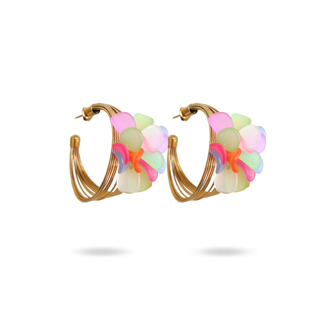 Créoles fantaisie originales multi anneaux avec fleur acrylique multicolore