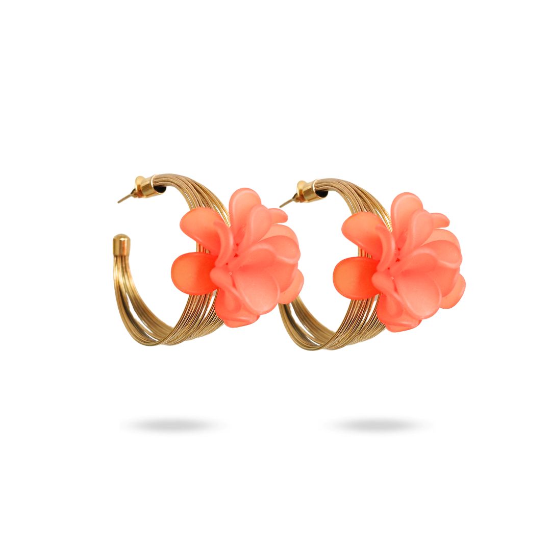 Créoles fantaisie originales multi anneaux avec fleur acrylique orange