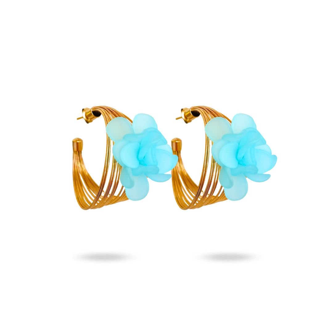 Créoles fantaisie originales multi anneaux avec fleur acrylique turquoise