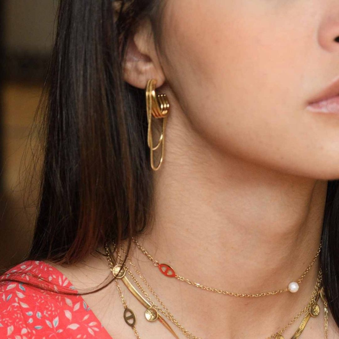 Boucles d'oreilles créoles originales en acier inoxydable avec deux chainettes argentées