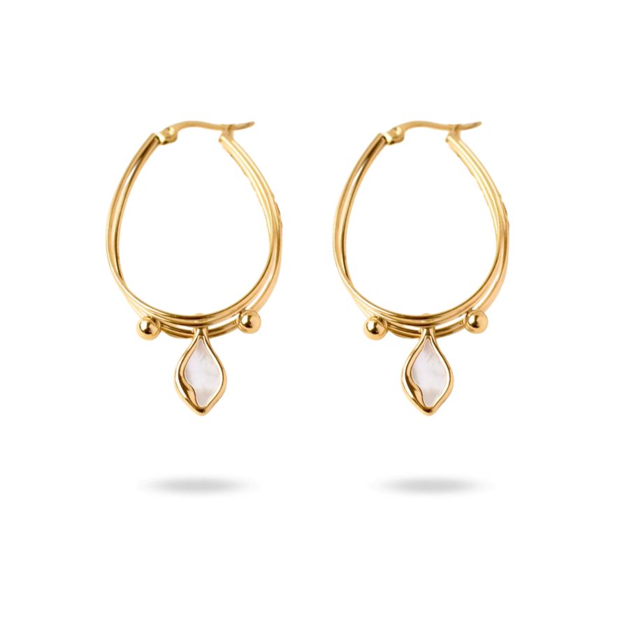 créoles originales en acier inoxydable doré avec perle de nacre blanche