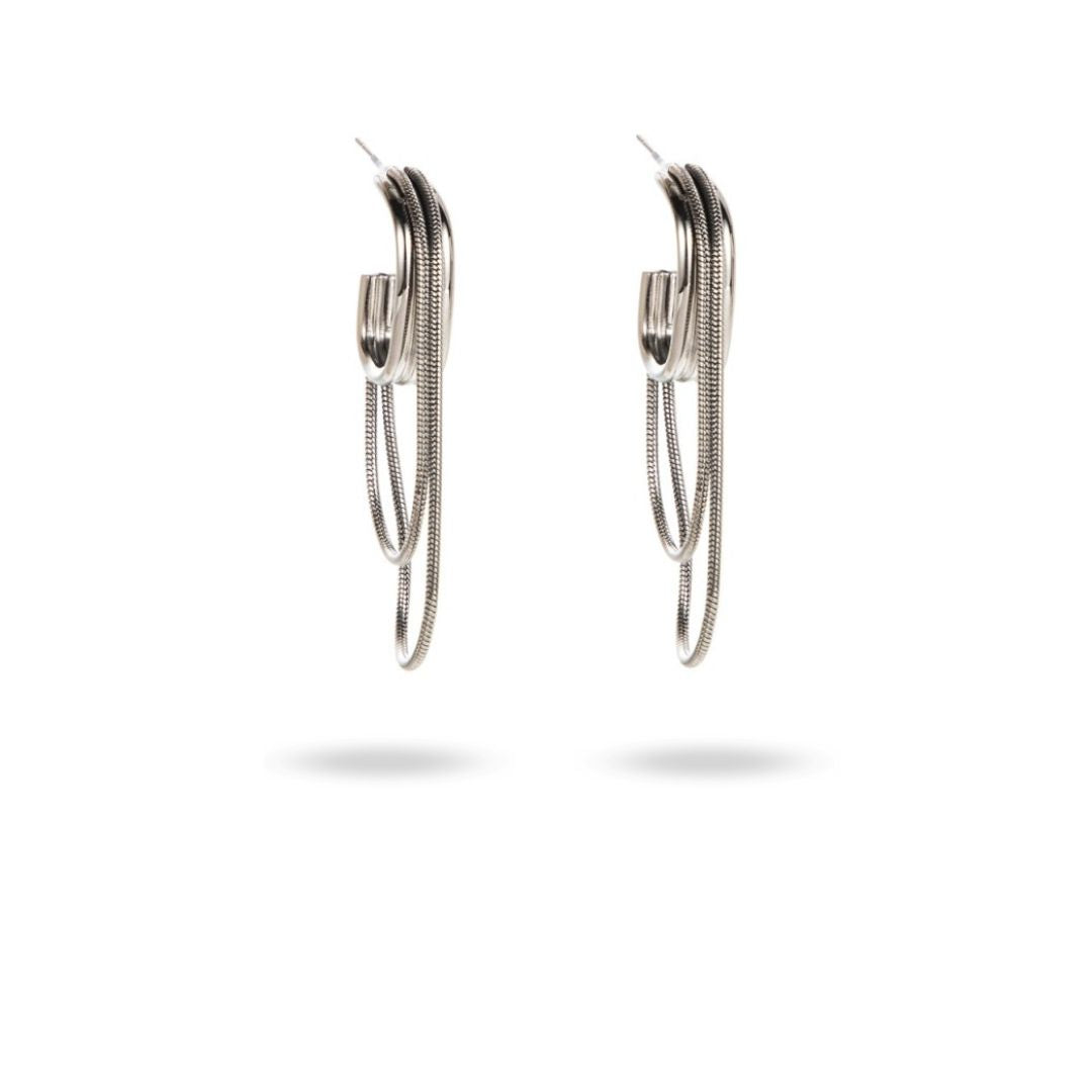 Boucles d'oreilles créoles originales en acier inoxydable avec deux chainettes argentées