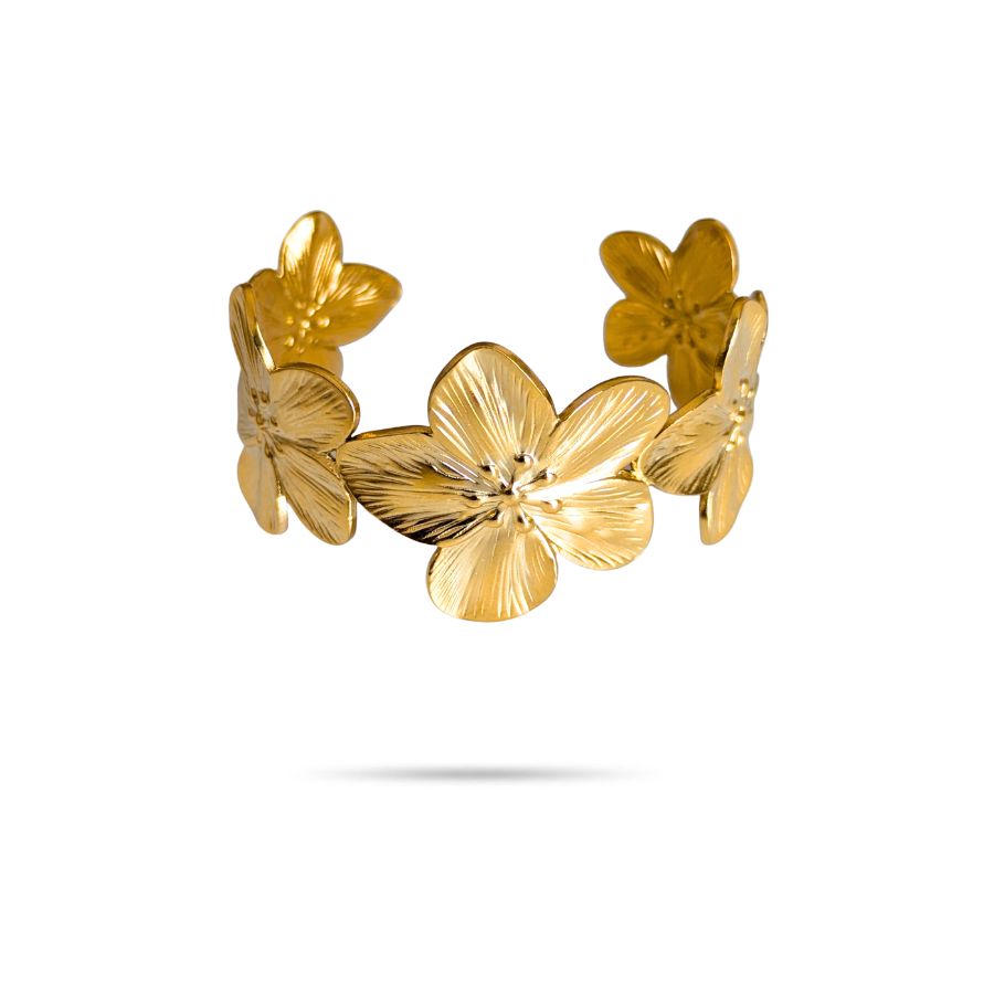 Bracelet manchette fleur de cerisier en acier inoxydable doré