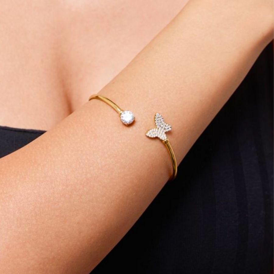 Bracelet manchette papillon et strass en acier inoxydable doré | Jéromine