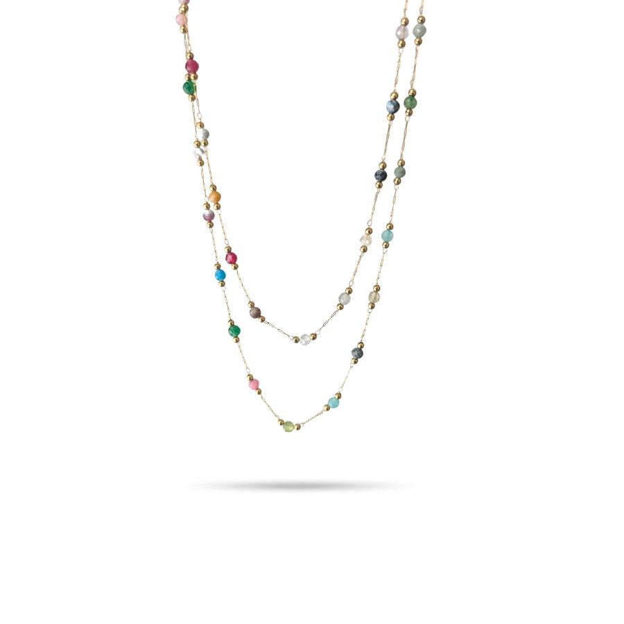 Sautoir en perles naturelles multicolores en acier inoxydable doré