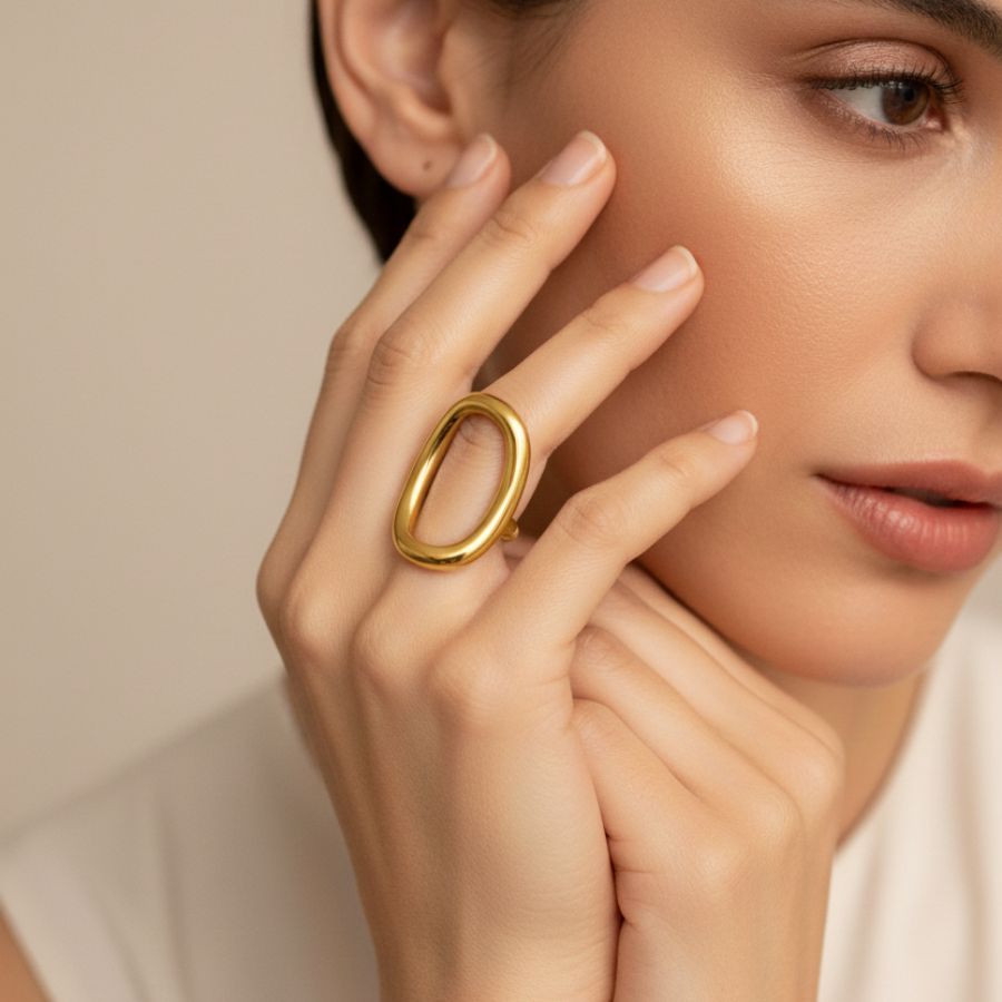 Bague fantaisie originale rectangle en acier inoxydable doré | Kyara