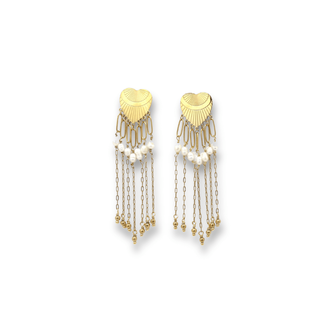 Boucles d'oreilles coeur doré acier inoxydable avec franges à maillons et perles d'eau douce