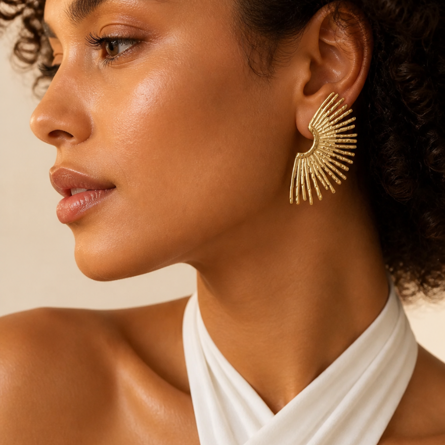 boucles d'oreilles en forme de demi soleil en acier inoxydable dorée