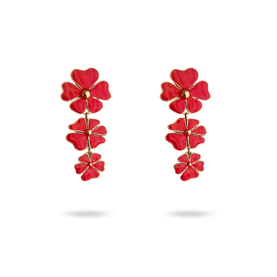 Boucles d'oreilles fantaisie pendantes 3 fleurs rouges