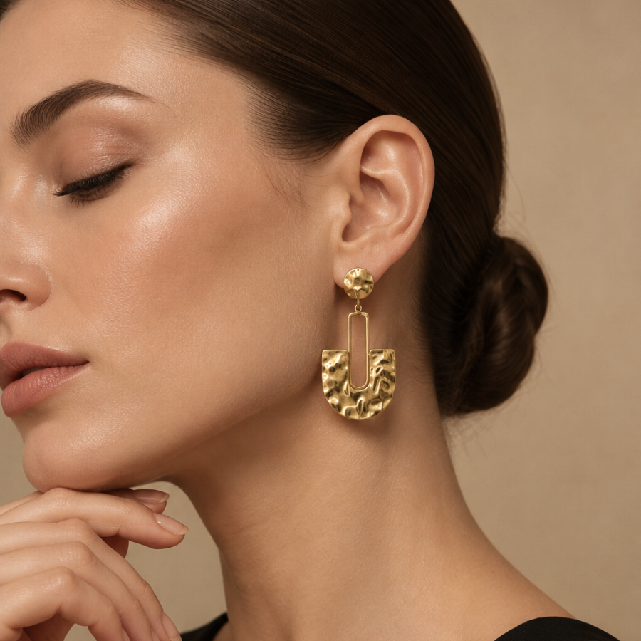 boucles d'oreilles pendantes martelées originales en acier inoxydable doré
