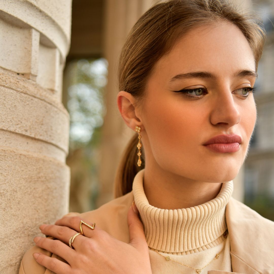 boucles d&#39;oreilles pendantes trèfles strass en acier inoxydable doré