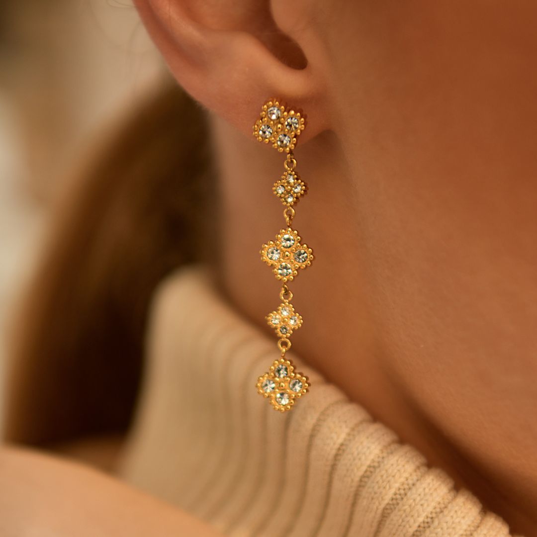 boucles d'oreilles fantaisie pendantes trèfles strass en acier inoxydable doré