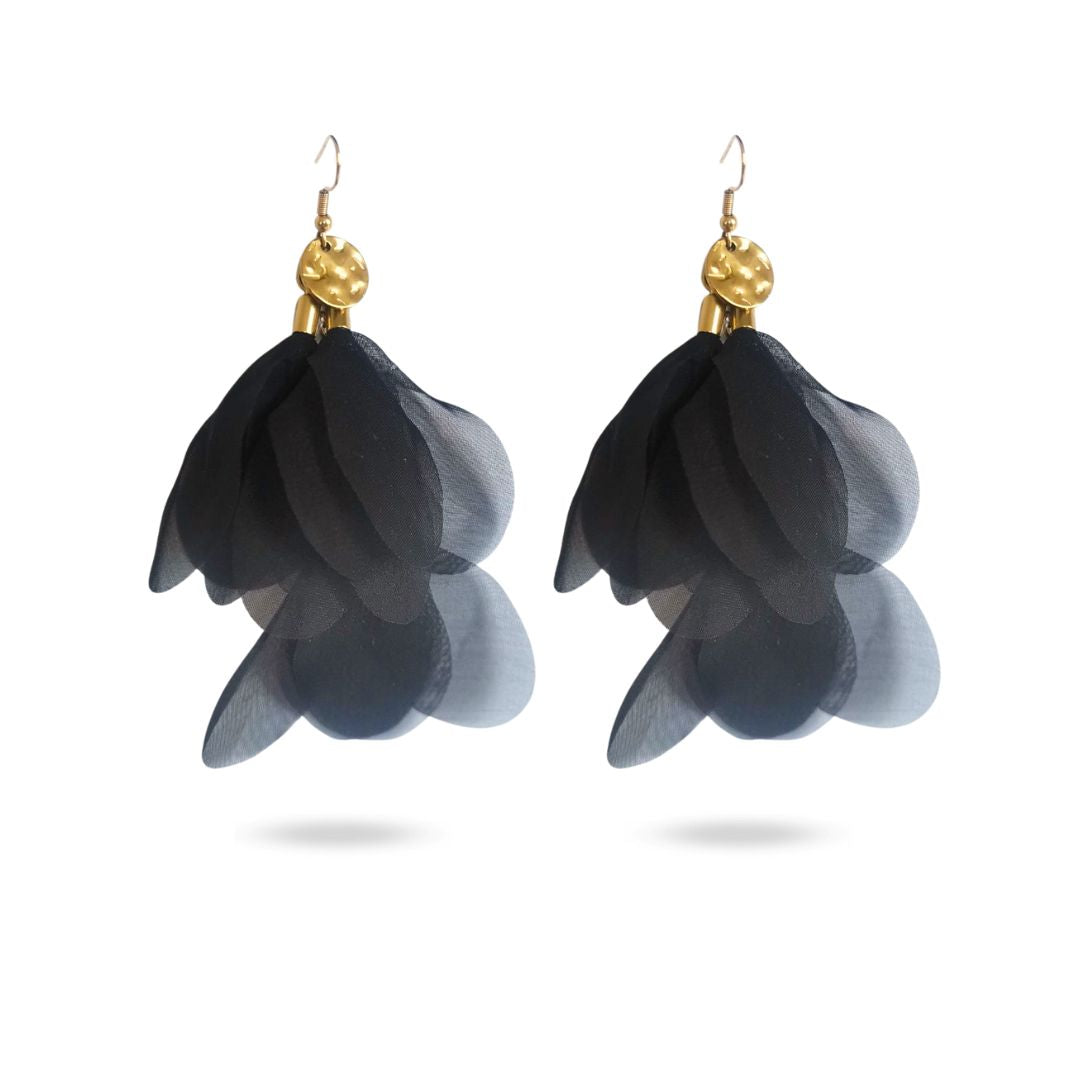 Boucles d'oreilles fantaisie pendantes pétales de tissu noir