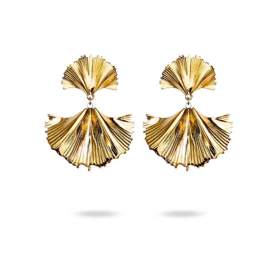 Boucles d'oreilles pendantes ginkgo en acier inoxydable doré | Carla