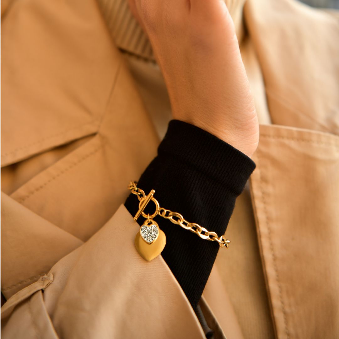 Bracelet personnalisé coeur strass et maille en acier inoxydable doré - Blandine