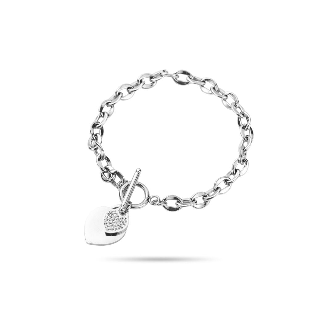 Bracelet personnalisé coeur strass et maille en acier inoxydable argenté