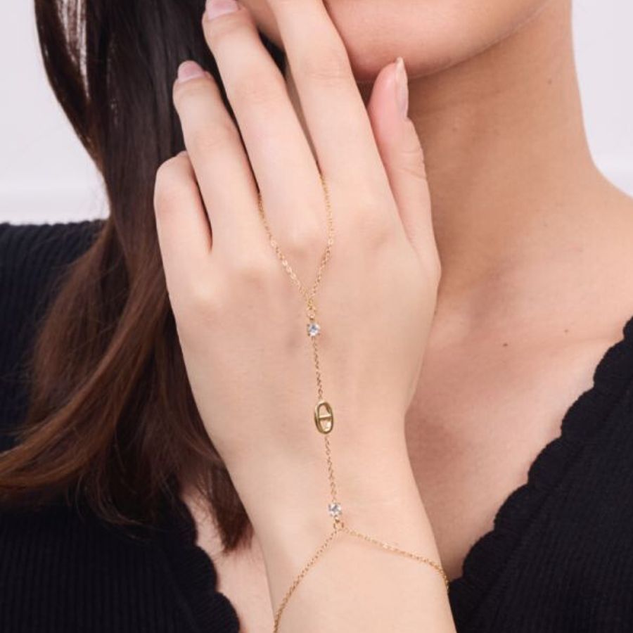 Chaîne de main grain de café et strass en acier inoxydable doré | Kira