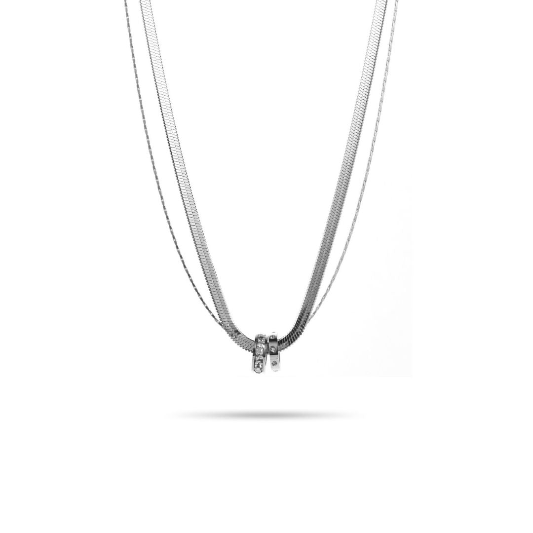 Collier fantaisie double chaine anneau à strass argenté