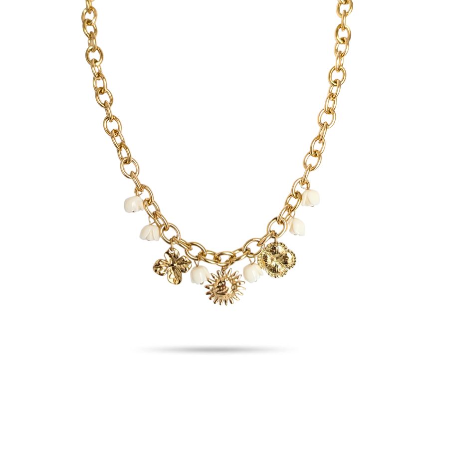 Collier breloques fleurs et soleil en acier inoxydable doré | Mila