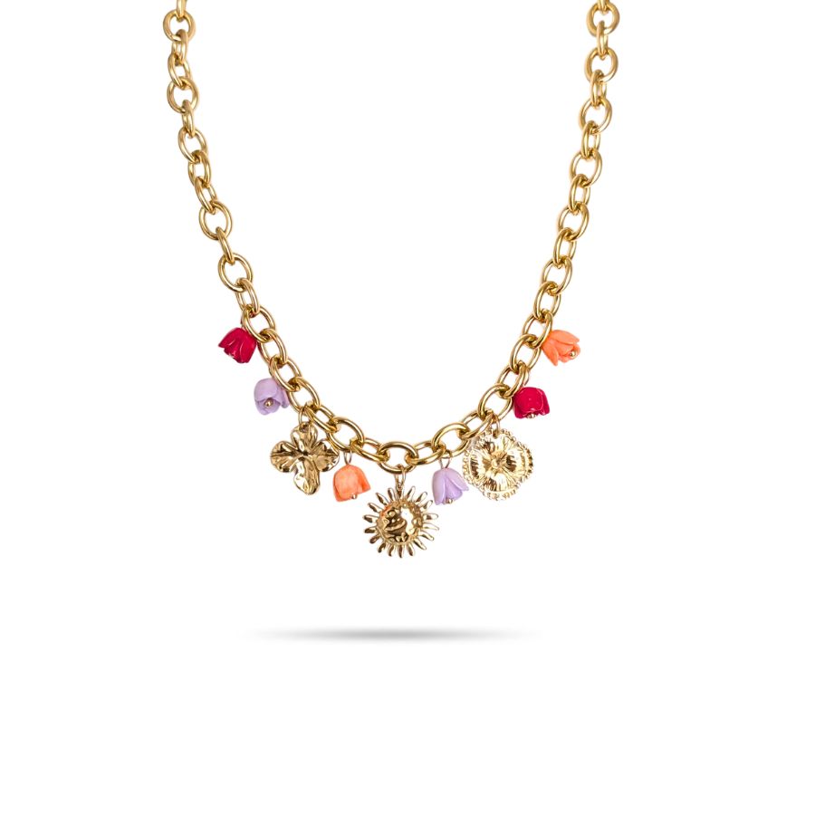 Collier breloques fleurs et soleil en acier inoxydable doré | Mila