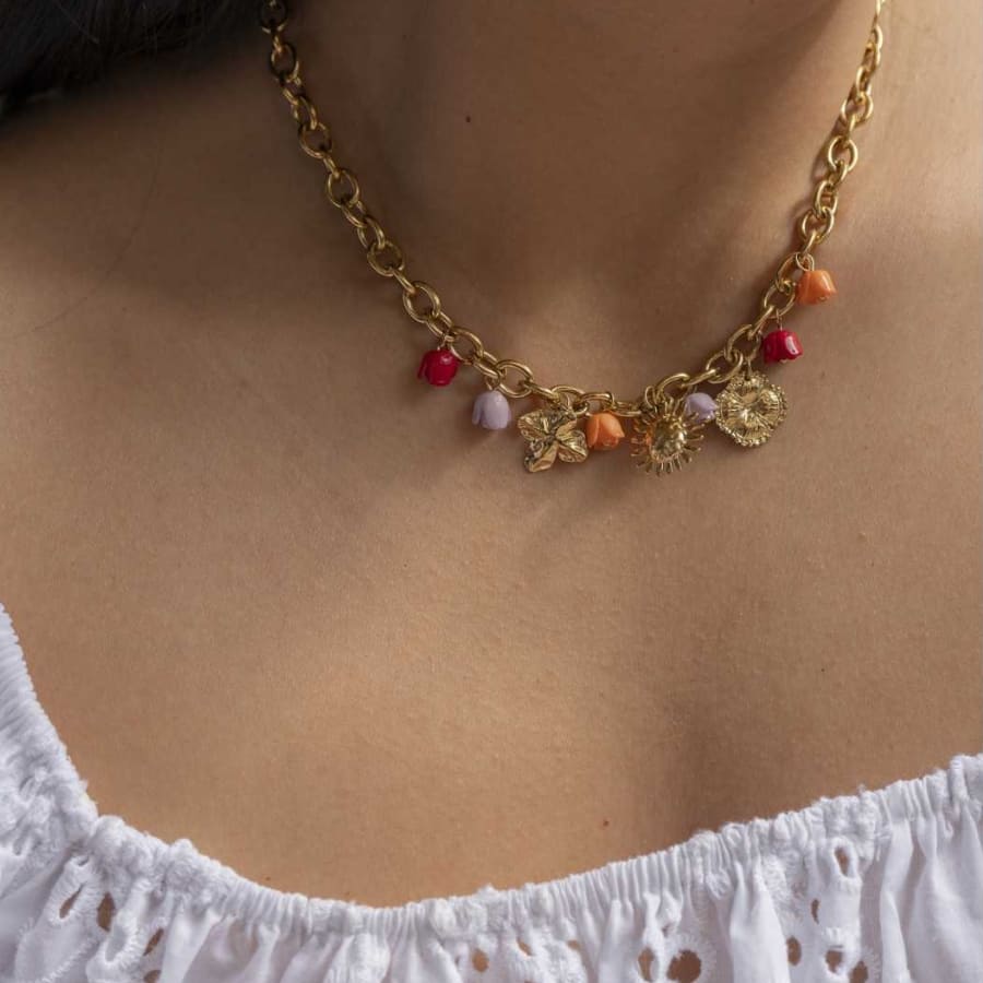 Collier breloques fleurs et soleil en acier inoxydable doré | Mila