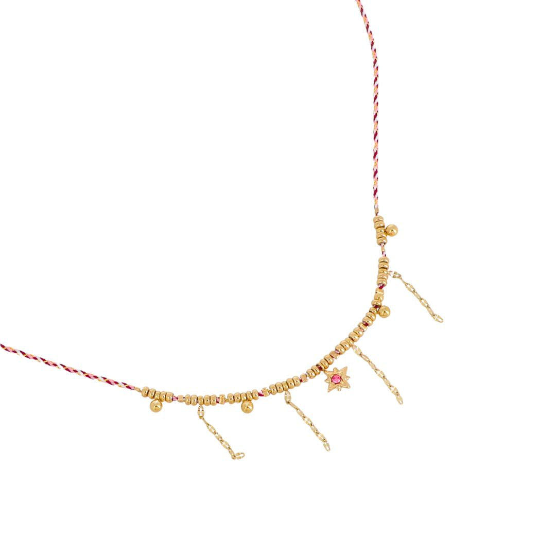 Collier fantaisie étoile et chaînes pendantes dorées sur cordon rose